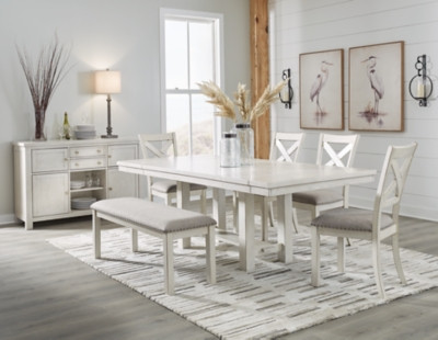 Ashley Robbinsdale Antique White Dining Table and 4 Chairs and Bench with Storage