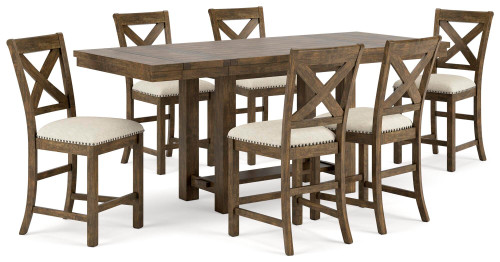 Ashley Moriville Grayish Brown Counter Height Dining Table and 6 Barstools