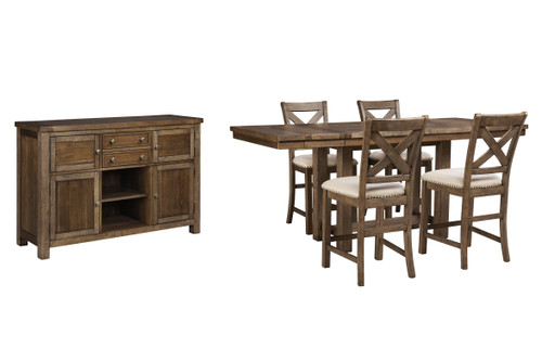 Ashley Moriville Grayish Brown Counter Height Dining Table and 4 Barstools with Storage