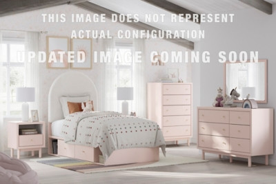 Ashley Wistenpine Blush Full Upholstered Panel Bed with Storage, Dresser, Mirror and Chest