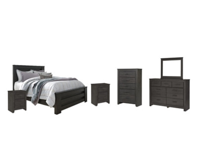 Brinxton Charcoal Queen Panel Bed with Mirrored Dresser, Chest and 2 Nightstands
