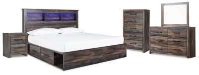 Drystan Multi King Bookcase Bed with 4 Storage Drawers with Mirrored Dresser and 2 Nightstands