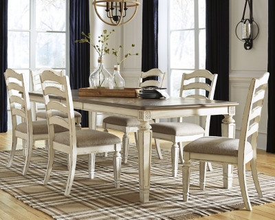 Ashley Realyn Chipped White 7-Piece Dining Set with Rectangular Table and 6 Ladderback Chairs