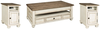 Ashley Realyn White Brown Lift Top Coffee Table with 2 Chairside End Tables (Set of 3)