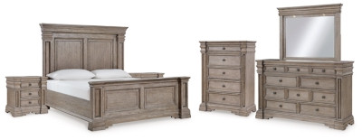 Blairhurst Light Grayish Brown King Panel Bed with Mirrored Dresser, Chest and 2 Nightstands