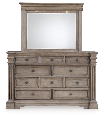 Blairhurst Light Grayish Brown California King Panel Bed with Mirrored Dresser, Chest and Nightstand