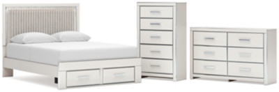Ashley Birmonton White Queen Upholstered Panel Platform Storage Bed, Dresser and Chest