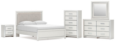 Ashley Birmonton White Queen Upholstered Panel Platform Bed, Dresser, Mirror, Chest and Nightstand
