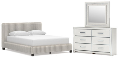 Ashley Birmonton White Queen Upholstered Bed, Dresser and Mirror