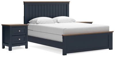 Ashley Landocken Brown Blue Queen Panel Bed and 2 Nightstands