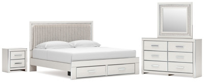 Ashley Birmonton White King Upholstered Panel Platform Storage Bed, Dresser, Mirror and Nightstand