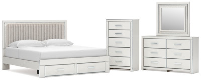 Ashley Birmonton White King Upholstered Panel Platform Storage Bed, Dresser, Mirror and Chest