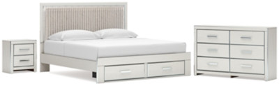 Ashley Birmonton White King Upholstered Panel Platform Storage Bed, Dresser and Nightstand