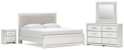 Ashley Birmonton White King Upholstered Panel Bed, Dresser, Mirror and Nightstand