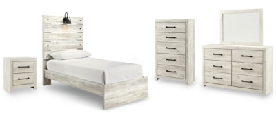 Cambeck Whitewash Twin Panel Bed with Mirrored Dresser, Chest and Nightstand