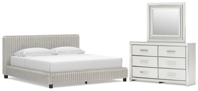 Ashley Birmonton White King Upholstered Bed, Dresser and Mirror