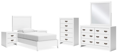 Binterglen White Twin Panel Bed with Mirrored Dresser, Chest and 2 Nightstands