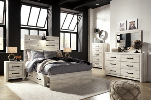 Cambeck Whitewash Full Panel Bed with 4 Storage Drawers with Mirrored Dresser, Chest and 2 Nightstands