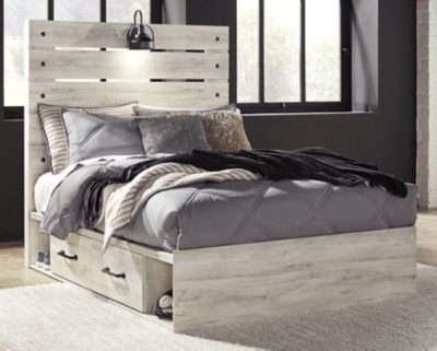 Cambeck Whitewash Full Panel Bed with 2 Storage Drawers with Mirrored Dresser and 2 Nightstands
