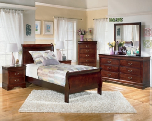 Alisdair Reddish Brown Twin Sleigh Bed with Mirrored Dresser and Chest