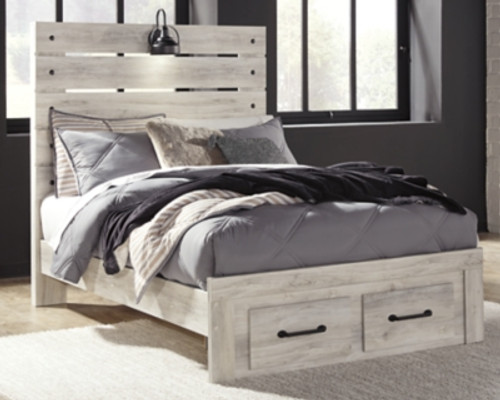 Cambeck Whitewash Full Panel Bed with 2 Storage Drawers with Mirrored Dresser