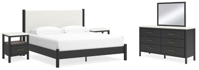 Ashley Cadmori Black White King Upholstered Panel Bed, Dresser, Mirror and 2 Nightstands