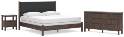 Ashley Cadmori Brown King Upholstered Panel Bed, Dresser and Nightstand