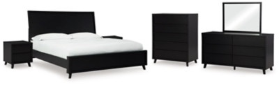 Danziar Black King Panel Bed with Mirrored Dresser, Chest and 2 Nightstands B100/14/B1013/56/58/95/231/36/345/92(2)