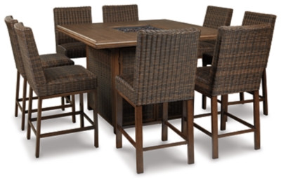 Paradise Trail Medium Brown Outdoor Bar Table and 8 Barstools