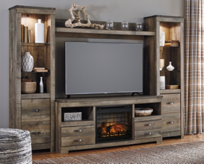 Ashley Trinell Brown 4-Piece Entertainment Center with 63" TV Stand and Electric Infrared Fireplace