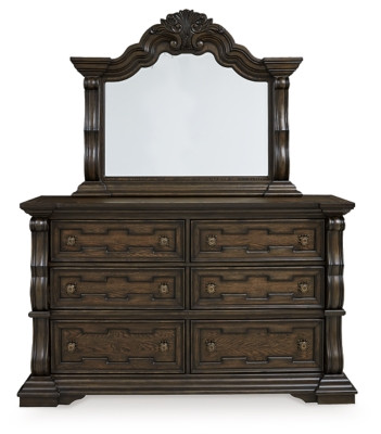Maylee Dark Brown Queen Upholstered Bed with Mirrored Dresser and Nightstand