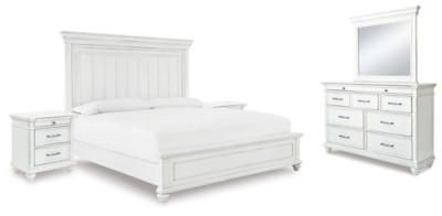 Kanwyn Whitewash King Panel Bed with Mirrored Dresser and 2 Nightstands
