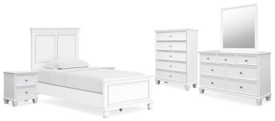 Fortman White Twin Panel Bed with Mirrored Dresser, Chest and 2 Nightstands