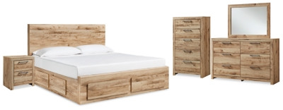 Ashley Hyanna Tan Brown King Panel Storage Bed with 1 Under Bed Storage Drawer, Dresser, Mirror, Chest and Nightstand