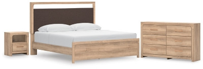 Ashley Hollymount Tan King Upholstered Platform Bed, Dresser and Nightstand