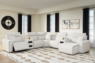 Ashley Modmax II Stone 7-Piece Power Reclining Sectional with Chaise and Audio Consoles 65907/31/46/58/60(2)/77/97