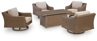 Ashley Revare Beach Beige Outdoor Fire Pit Table and 4 Chairs