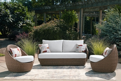 Ashley Cardiff Beach Beige Outdoor Loveseat/2 Swivel Chairs (Set of 3)