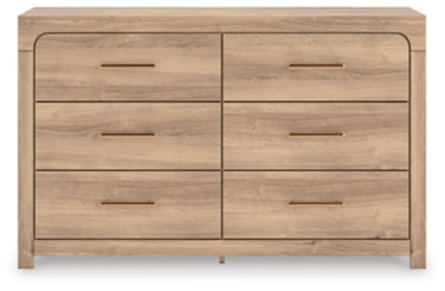 Ashley Hollymount Tan Queen Upholstered Panel Bed, Dresser and Nightstand
