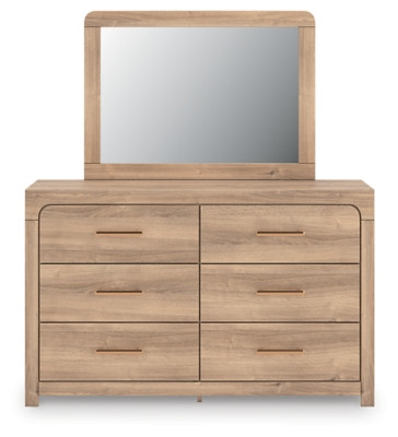 Ashley Hollymount Tan Queen Upholstered Panel Bed, Dresser and Mirror