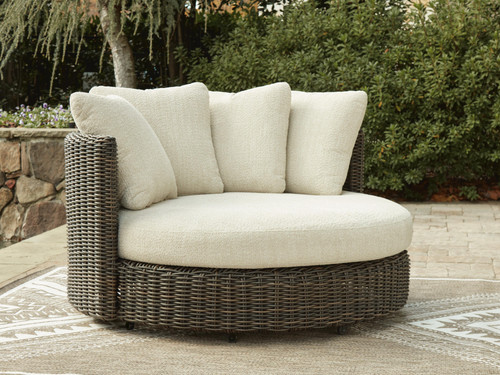 Ashley Kimora Beige Dark Brown Outdoor Swivel Lounge Chair with Cushion
