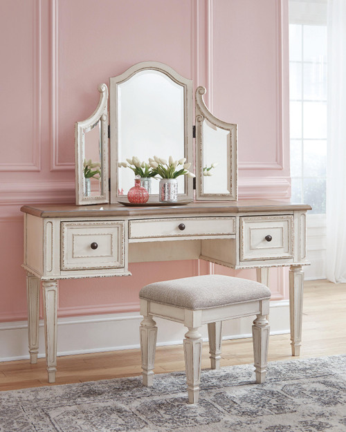 Ashley Realyn Two-tone Vanity and Mirror with Stool (Set of 3)
