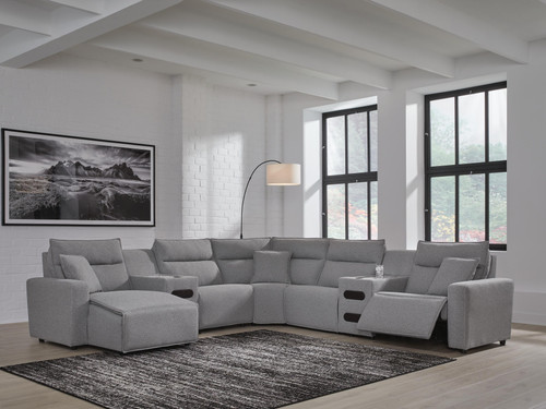 Ashley Modmax II Salt and Pepper 7-Piece Power Reclining Sectional with Chaise and Audio Consoles