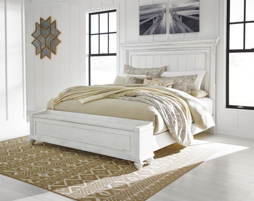 Benchcraft Kanwyn Whitewash Queen Panel Bed with Storage Bench