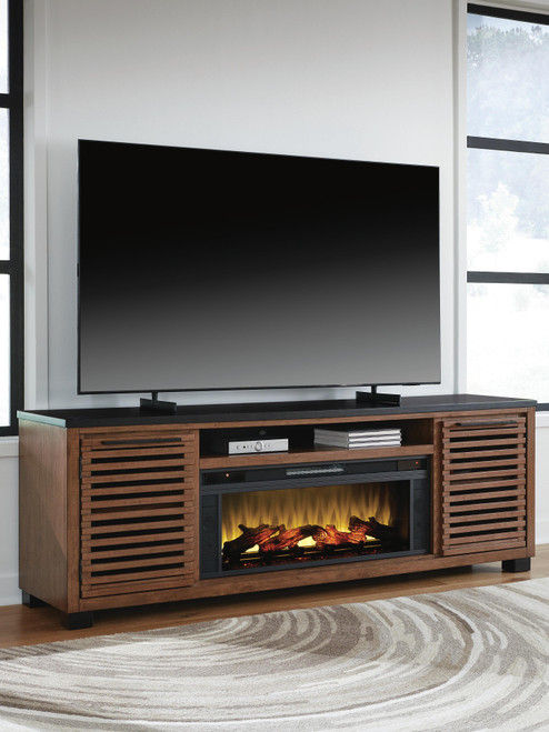Ashley Kallari Warm Brown Black 84" TV Stand with Electric Fireplace
