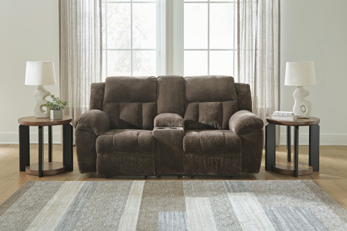 Ashley Frohn Chocolate Reclining Loveseat with Console