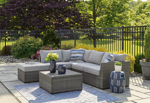 Ashley Petal Road Gray Outdoor Loveseat Sectional/Ottoman/Table Set (Set of 4)