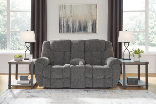 Ashley Foreside Charcoal Reclining Loveseat with Console