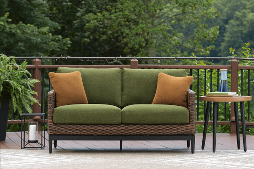 Ashley Horizon Hall Brown Green Outdoor Loveseat with Cushion