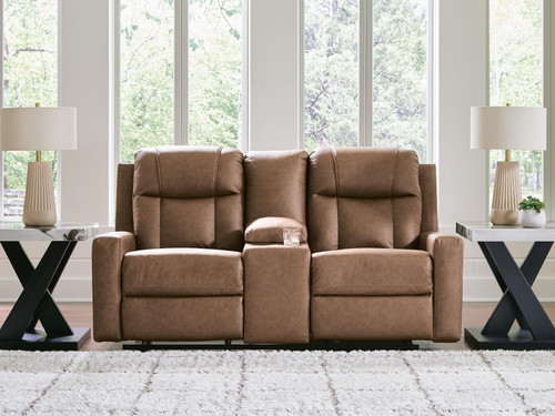 Benchcraft Mackmenville Caramel Reclining Loveseat with Console